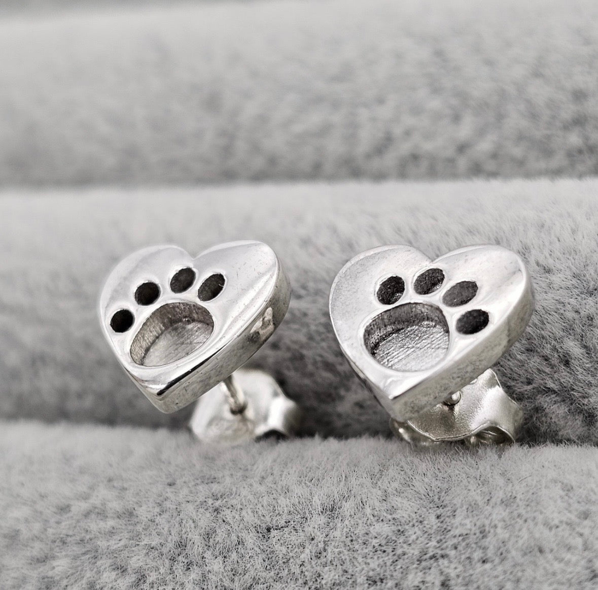 Sterling Silver Heart Paw Print Keepsake Stud Earrings