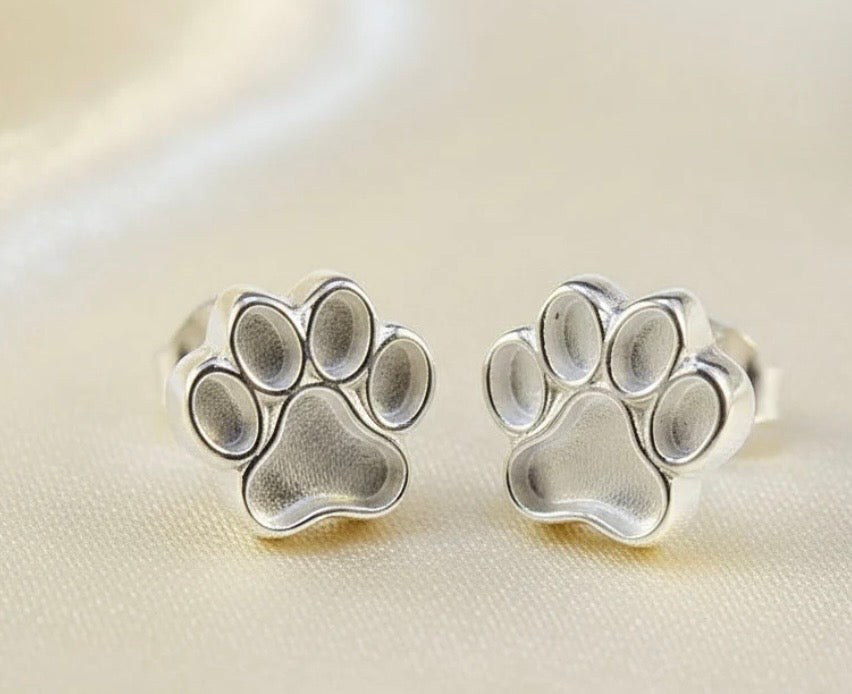 Sterling Silver Paw Print Keepsake Stud Earrings