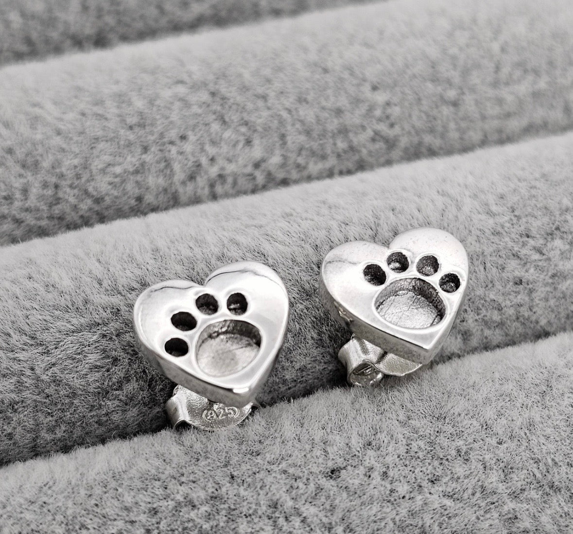 Sterling Silver Heart Paw Print Keepsake Stud Earrings
