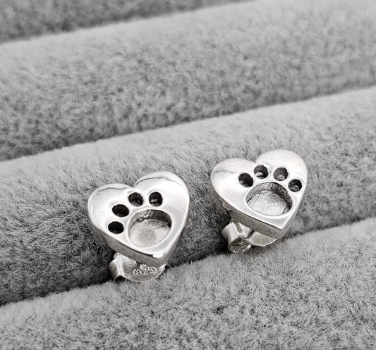 Sterling Silver Heart Paw Print Keepsake Stud Earrings